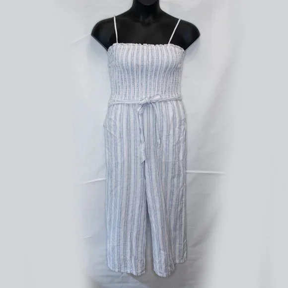 Abercrombie & Fitch Linen Blend Jumpsuit Juniors XL White Blue Sleeveless AA08X - Picture 2 of 6